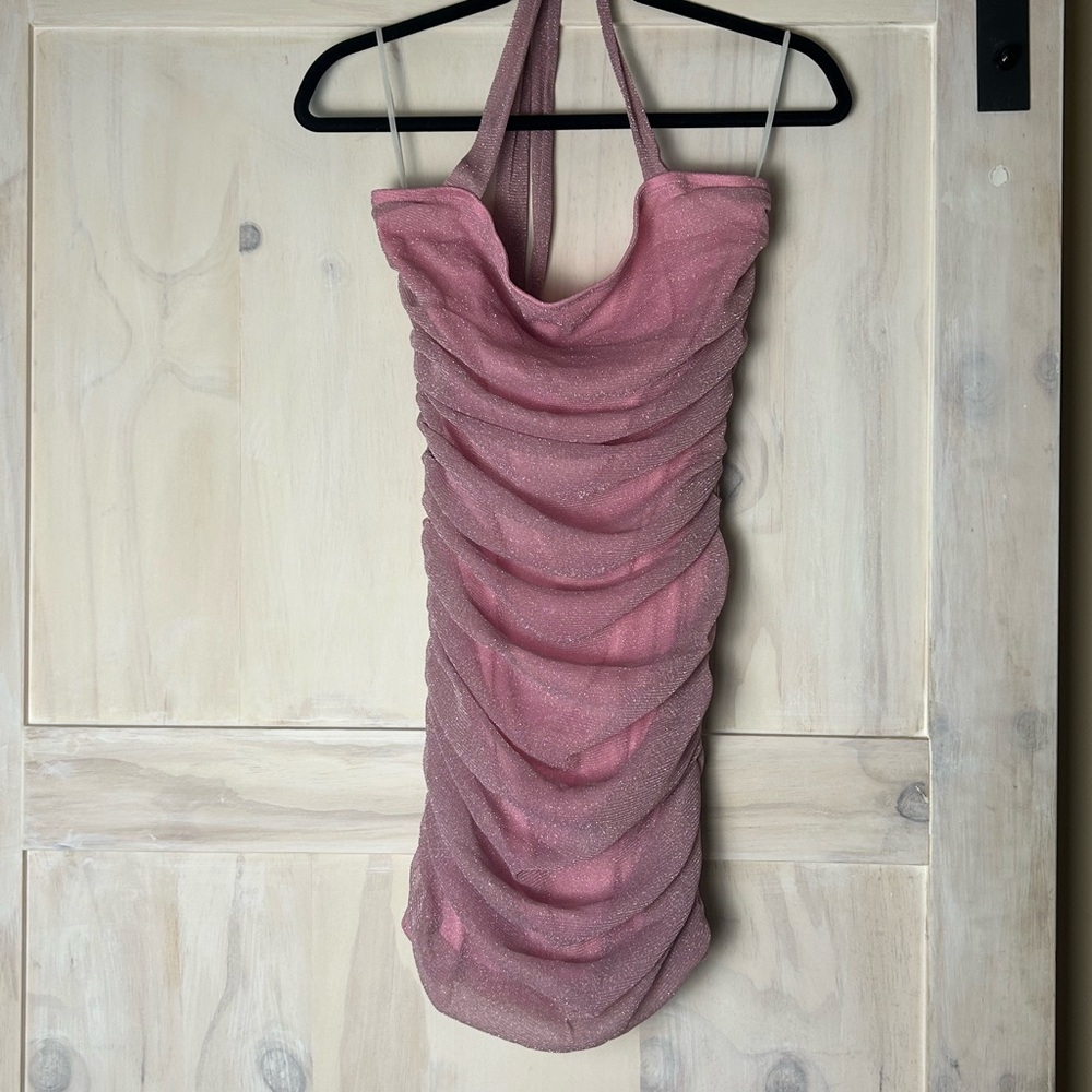 SHEIN sexy dust pink shimmery halter body con mini dress size Curvy 2XL